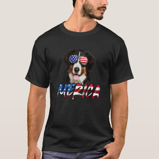 7月4日 バーニーズ・マウンテン・メリカ アメリカ国旗 Tシャツ (正面)