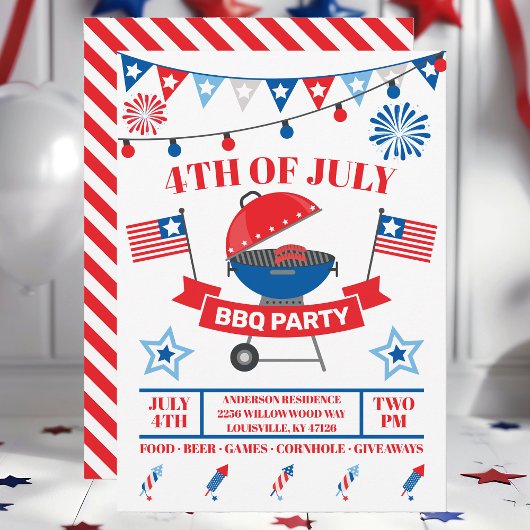 7月4日 バーベキュー グリル 赤 BBQ パーティー 招待状