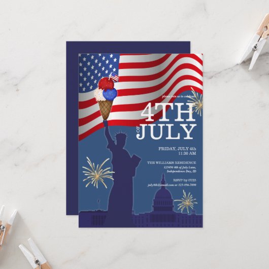 7月4日 プール BBQ クックアウト アイスクリーム ファミリーパーティー 招待状 (正面/裏面インサイチュ)