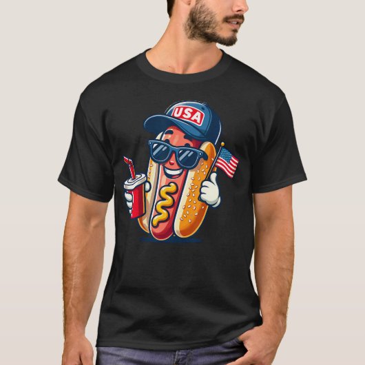 7月4日 ホットドッグ 楽しい 第4 独立記念日 愛国 Tシャツ (正面)