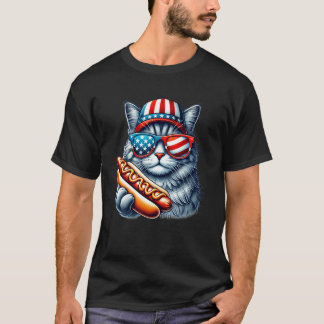 7月4日 ホットドッグ 猫 おもしろ 愛国 猫 USA フラッグ Tシャツ