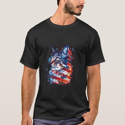 7月4日 愛国 猫 アメリカ独立記念日 Tシャツ (正面)