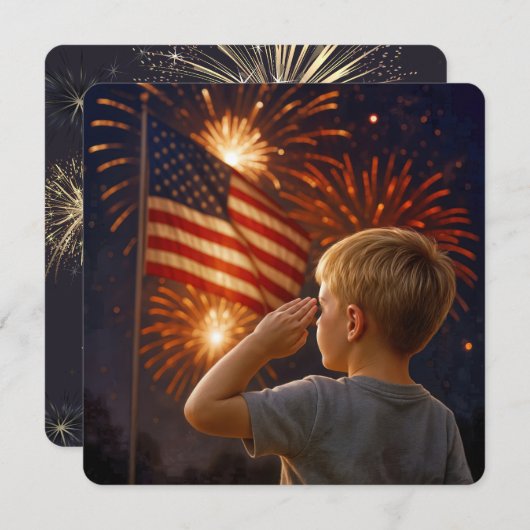 7月4日、旗に挨拶する少年 招待状 (正面/裏面)