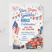 7月4日 星 ストライプ スパークル BBQ 慶祝 招待状 (正面)
