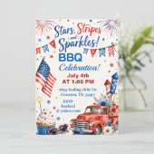 7月4日 星 ストライプ スパークル BBQ 慶祝 招待状 (スタンド正面)