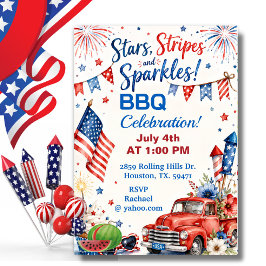 7月4日 星 ストライプ スパークル BBQ 慶祝 招待状