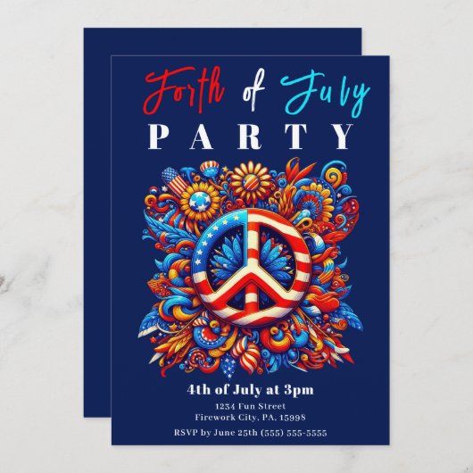 7月4日 – 独立記念日の平和サイン – 招待状 (正面/裏面)