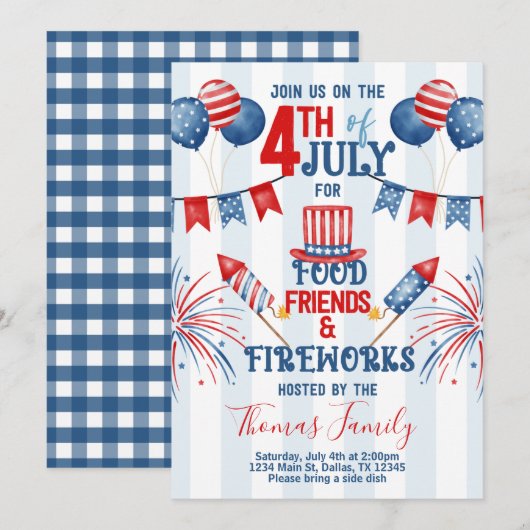 7月4日 独立記念日 BBQ パーティー招待状 招待状 (正面/裏面)