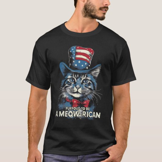 7月4日 猫好き、猫派アメリカ人であることを誇りに思う Tシャツ (正面)