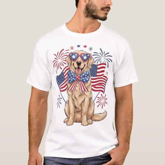 7月4日 米国の愛国的な犬 ゴールド Tシャツ (正面)