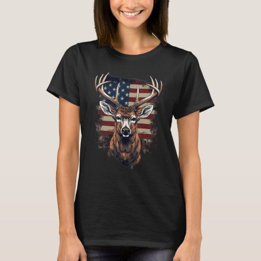 7月4日 米国旗 鹿 1 Tシャツ (正面)