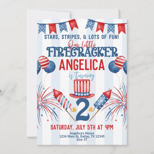 7月4日、花火の誕生日パーティーの招待 招待状 (正面)