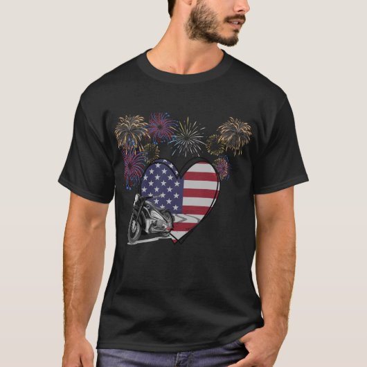 7月4日 花火 ハート オートバイ Tシャツ (正面)