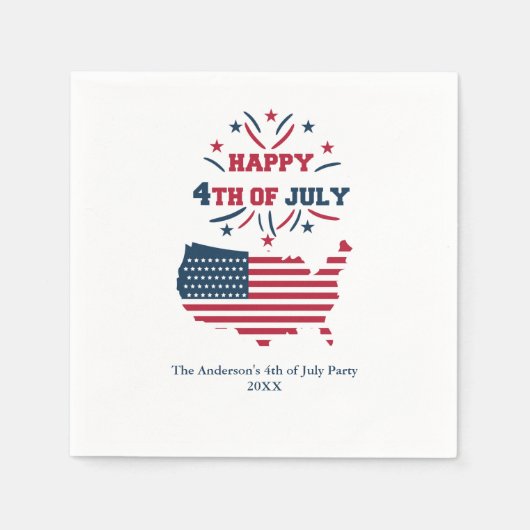 7月4日 花火 USA 赤 白 青 フラッグ スタンダードカクテルナプキン (正面)