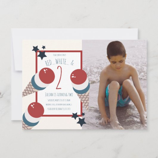 7月4日 2歳の誕生日 アイスクリームと星の写真 招待状 (正面)