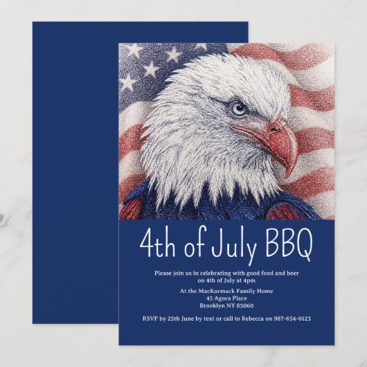 7月4日 BBQ 愛国 赤 白 青 フラッグ アメリカ 招待状 (正面/裏面)