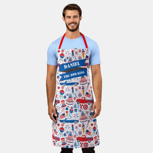 7月4日BBQアメリカーナオールオーバープリントエプロン エプロン (着用した状態)