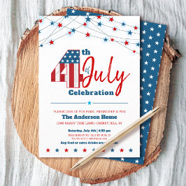 7月4日BBQスターズストライプ赤白青モダン 招待状