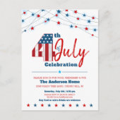 7月4日BBQスターモダンズストライプ赤白青 インビテーションポストカード (正面)