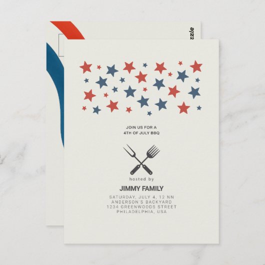 7月4日BBQパーティの招待状はがき ポストカード (正面/裏面)