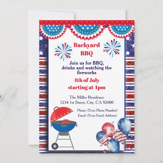 7月4日BBQパーティーの招待状 アメリカ独立記念日のパーティーへの招待 サンキューカード (正面)