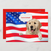 7月4日BBQパーティーの犬と国旗 招待状 (正面/裏面)