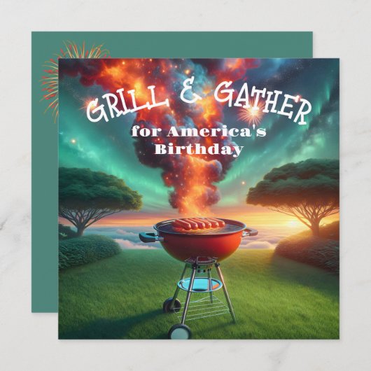 7月4日BBQパーティーグリルと花火 招待状 (正面/裏面)