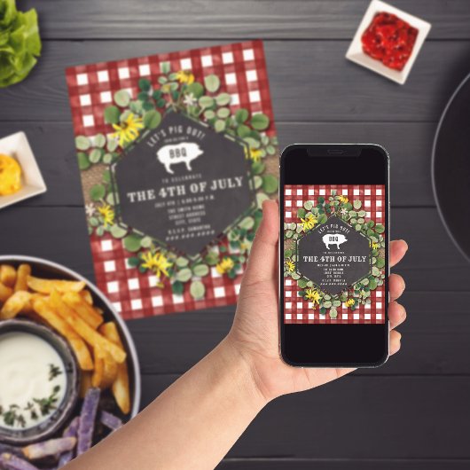 7月4日BBQピグワイルドフラワーレッドジンガムパーティー 招待状