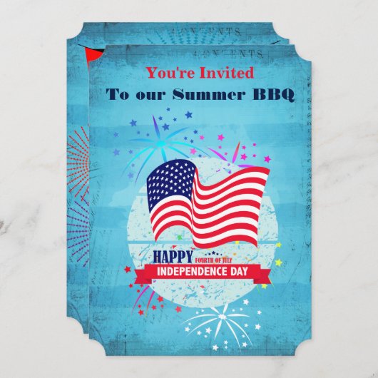 7月4日BBQ国旗と花火招待状 招待状 (正面/裏面)