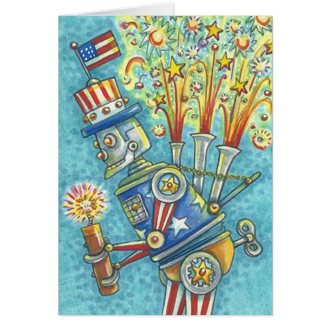 7月4日FIREWORKSロボットノートカード空白の (正面)