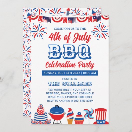 7月4日Fireworks Independence Day BBQ 招待状 (正面/裏面)