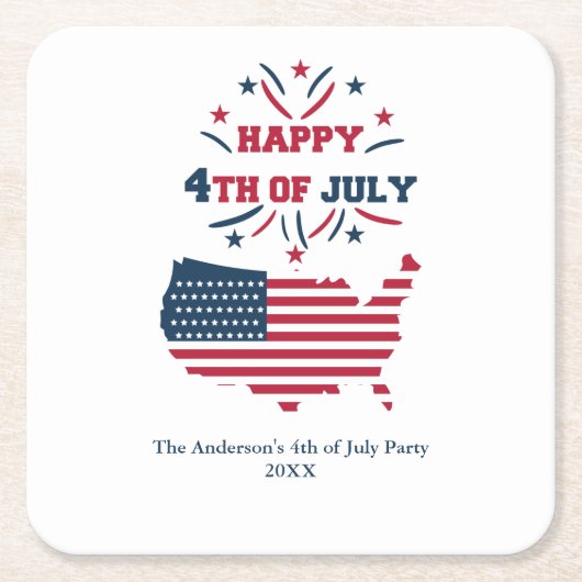 7月4日Fireworks USA赤白青国旗 スクエアペーパーコースター (正面)