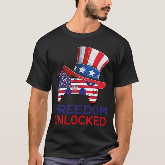7月4日Freedom Unlocked Video Game Gamer USA Tシャツ (正面)