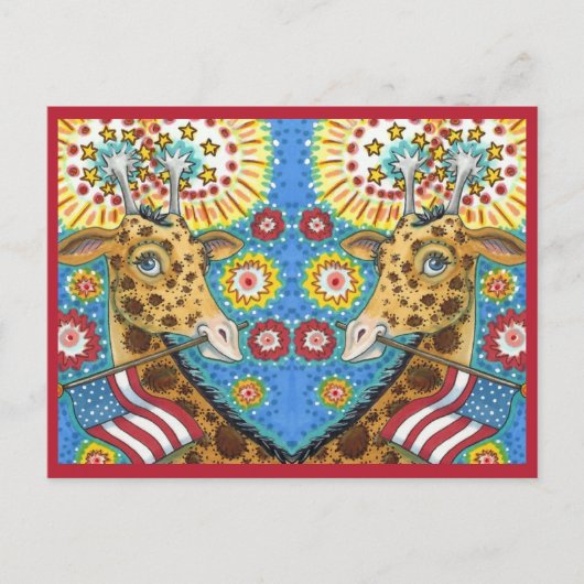 7月4日PATRIOTIC TWIN GIRAFFES、花火おもしろい シーズンポストカード (正面)