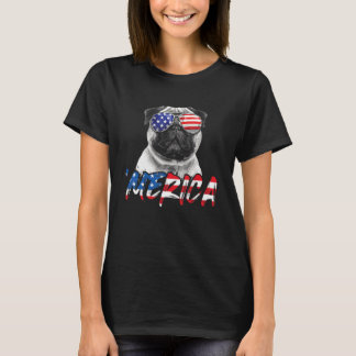 7月4日Pug Dog Merica American Flag Patriotic Tシャツ