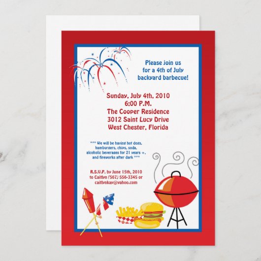 7月5日、7月4日、パーティーバーベキュー招待状 招待状 (正面/裏面)