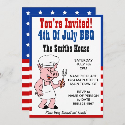 7月BBQのブタの漫画の招待されました第4 招待状 (正面/裏面)