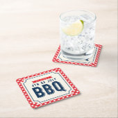 7月BBQの赤いギンガムそして青第4 スクエアペーパーコースター (インサイチュ)