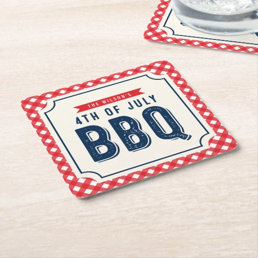 7月BBQの赤いギンガムそして青第4 スクエアペーパーコースター (アングル)