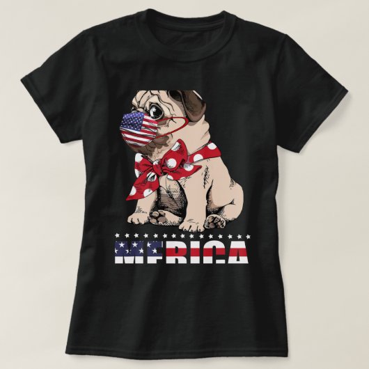 7月D日の米国国旗のマスク24日に愛国的なPUG Tシャツ (デザイン正面)