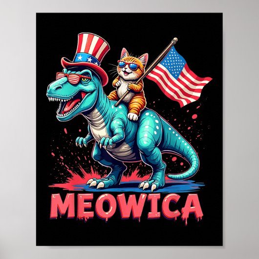 7月Meowica American Fの4thの恐竜に乗った猫 ポスター (正面)