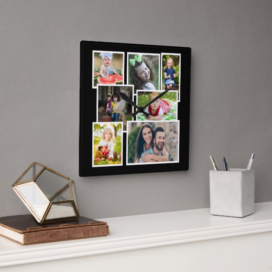 7枚のフォトコラージュブラックで独自の作成 スクエア壁時計 (オフィス)