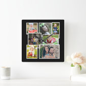 7枚のフォトコラージュブラックで独自の作成 スクエア壁時計 (ホーム)