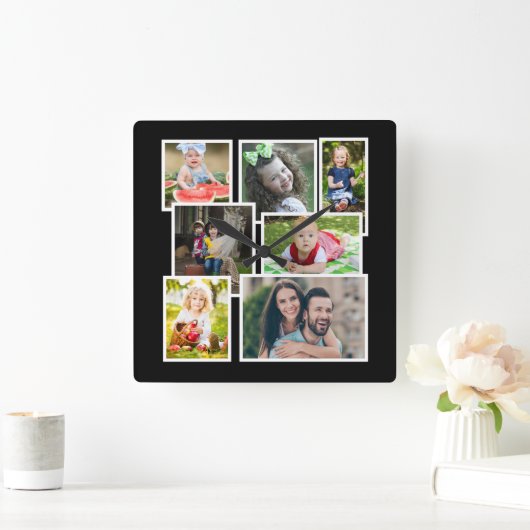 7枚のフォトコラージュブラックで独自の作成 スクエア壁時計 (ホーム)
