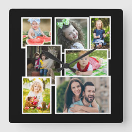 7枚のフォトコラージュブラックで独自の作成 スクエア壁時計