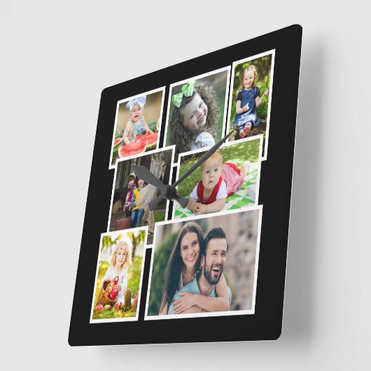 7枚のフォトコラージュブラックで独自の作成 スクエア壁時計 (傾斜)