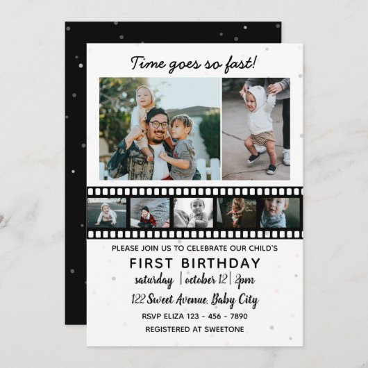 7枚の写真コラージュチャイルド初誕生日 招待状 (正面/裏面)