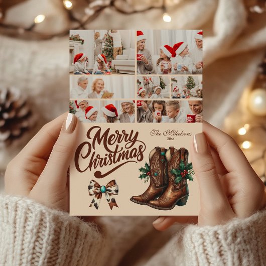 7枚の写真 西部風リボンとブーツのクリスマス シーズンカード