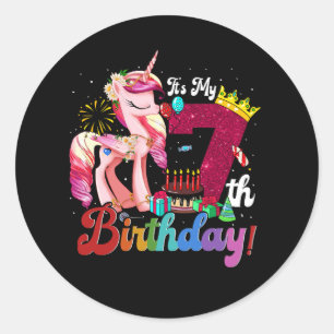 7歳で私の7歳の誕生日パーティーかわいいユニコーン ラウンドシール