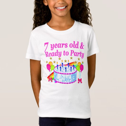 7歳と準備ができてパーティー誕生日少女 Tシャツ (正面)